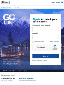 Go Hilton Tablet sign in page